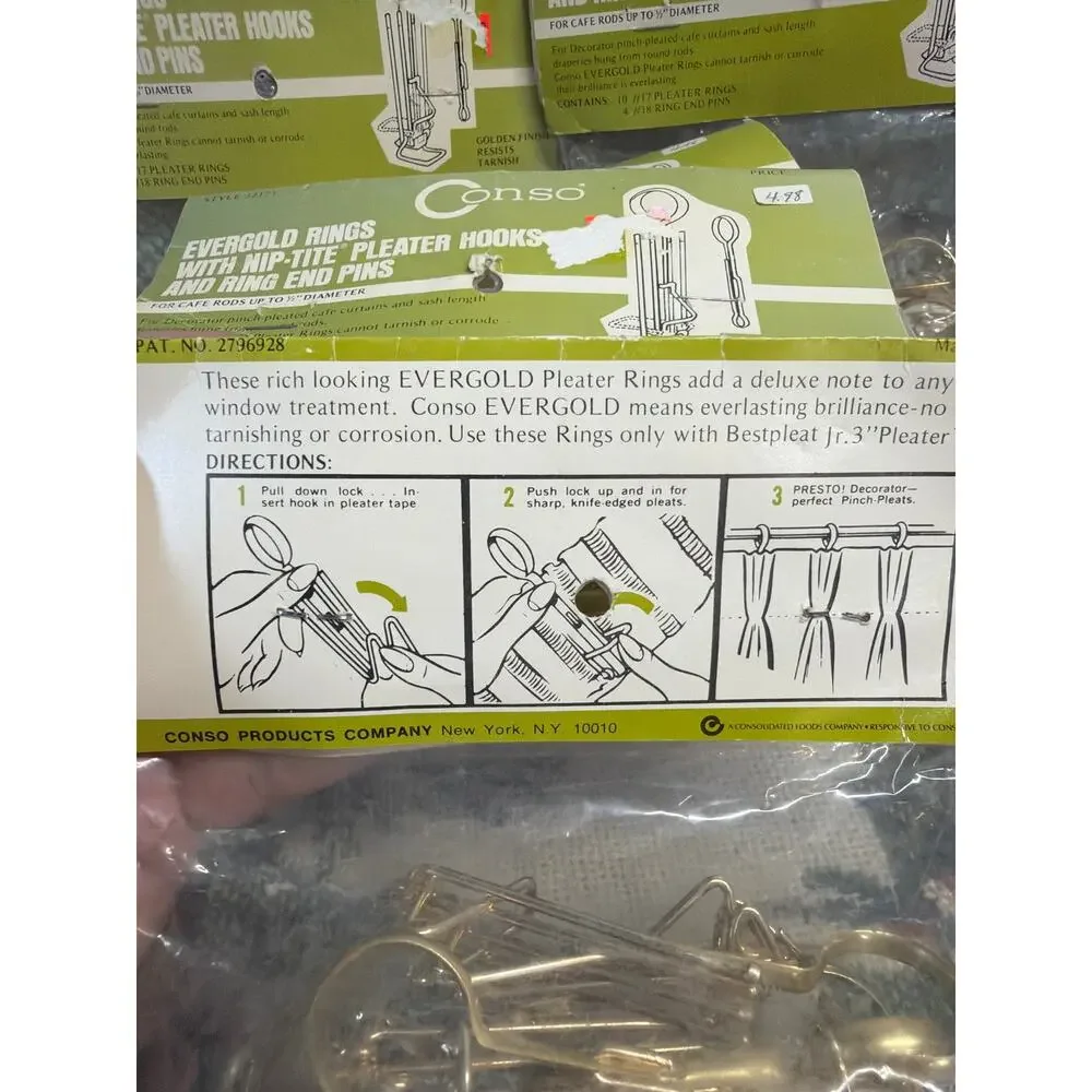 Vtg Conso Evergold Rings with Nip-Tite Pleater Hooks Ring End Pins Lot of 5 NOS